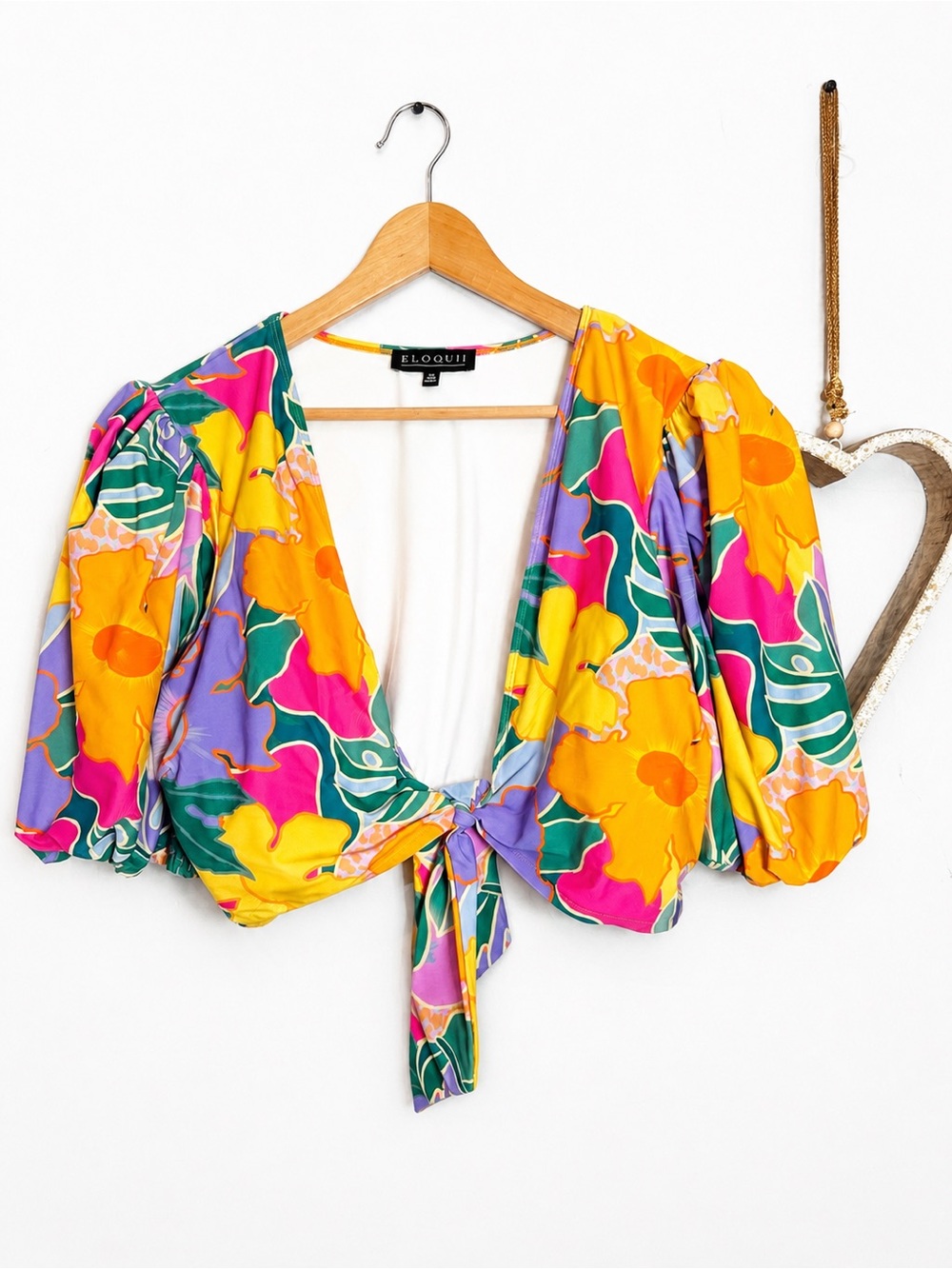 Eloquii Tropical Orange Floral Tie Front Crop Top Puff Sleeve Statement Plus 22